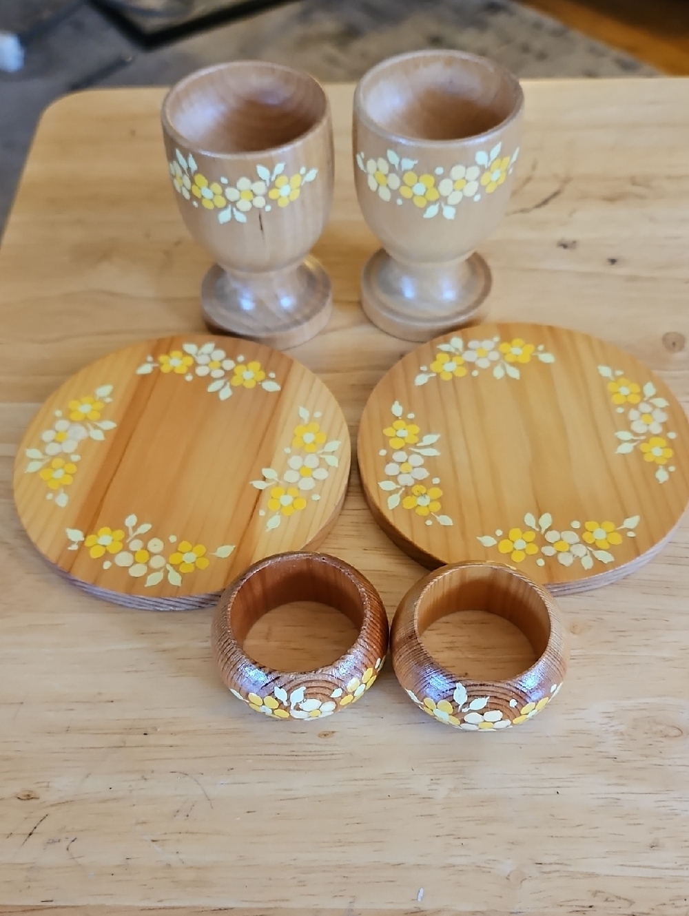 Hand-Painted Wooden Egg Cups, Coasters & Napkin Rings - Yellow Floral